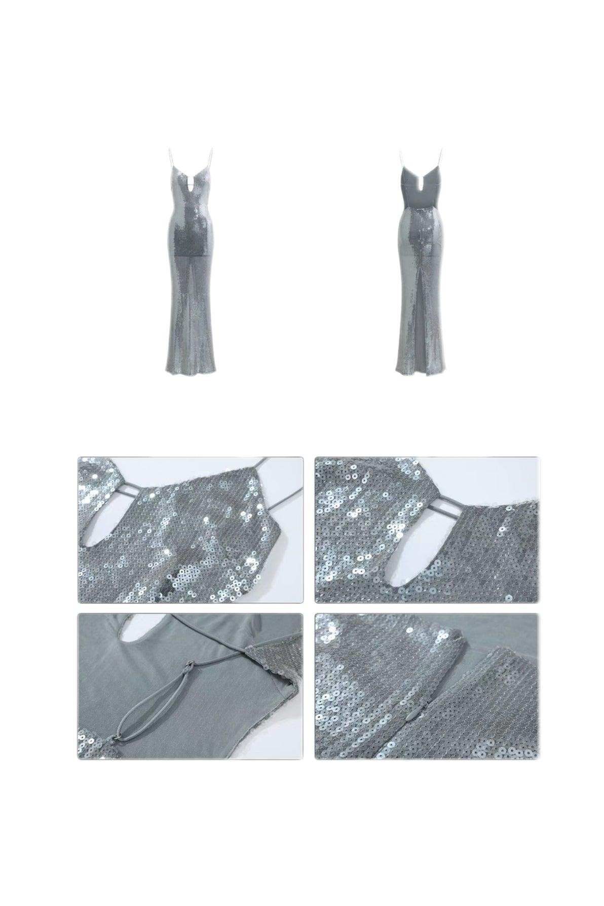V-neck suspender dress sequined backless