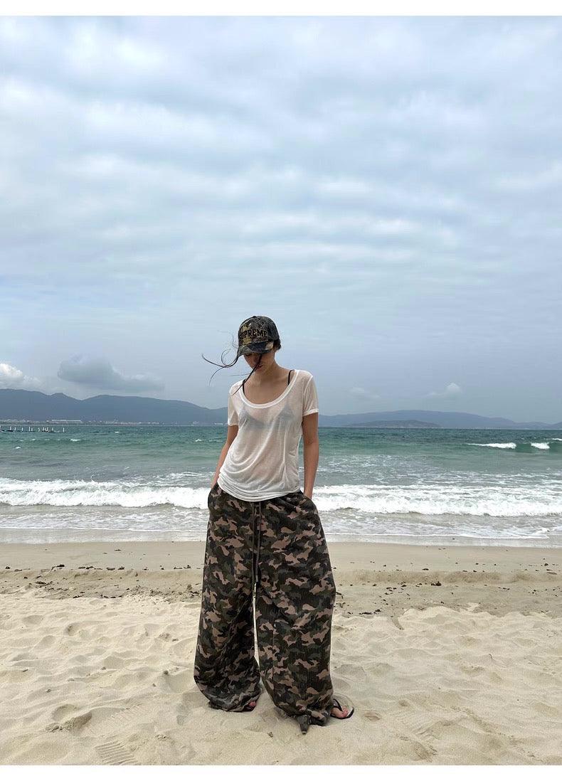 Camouflage print wide-leg pants
