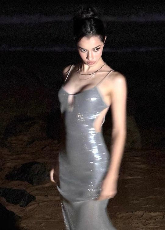 V-neck suspender dress sequined backless