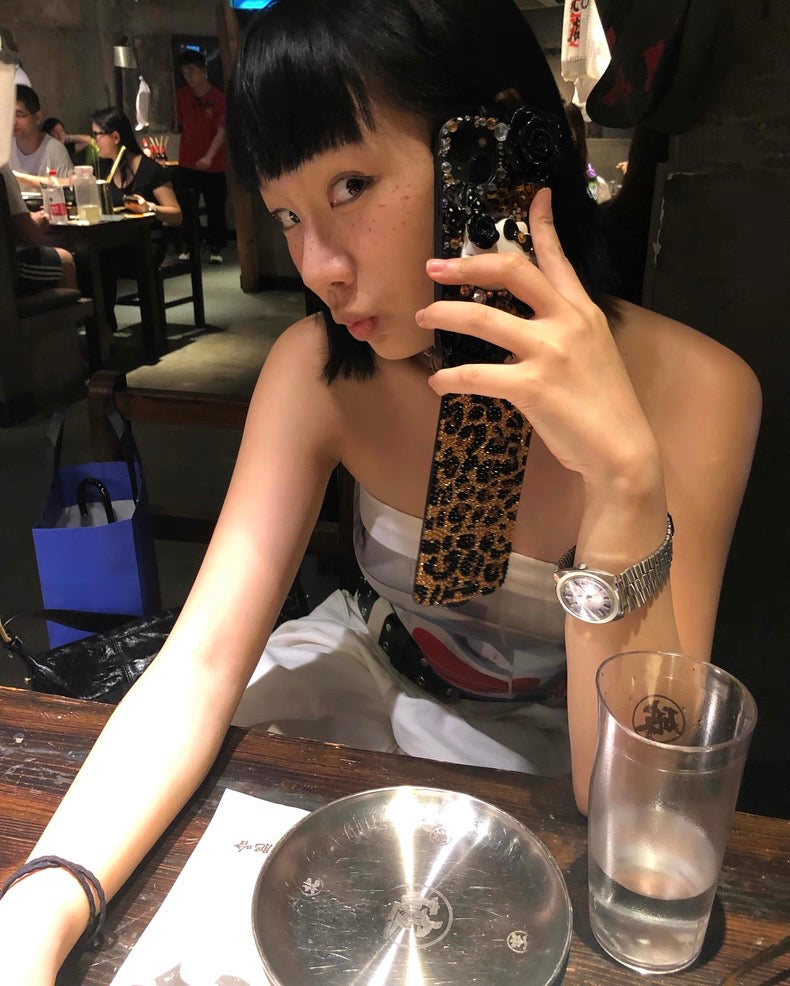 Leopard Print Hellokitty Handmade Rhinestone Flip Phone Case