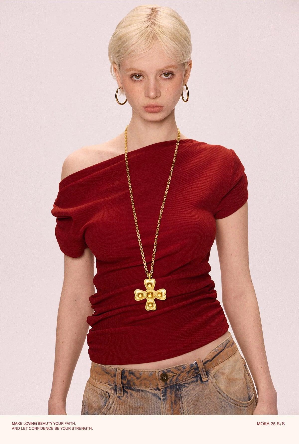 one shoulder top red