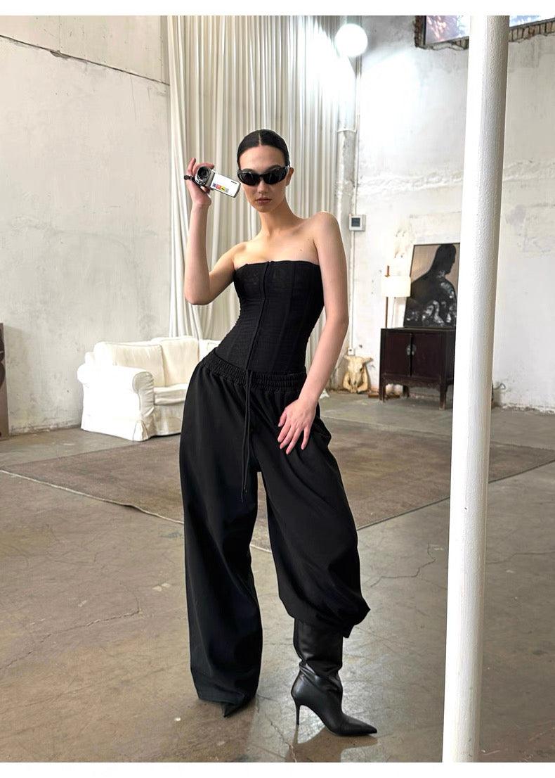 Black Drawstring Straight Pants