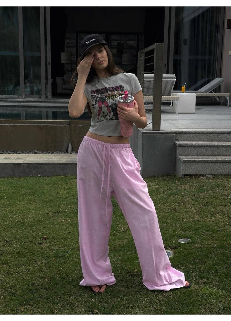 Striped wide-leg slacks pink