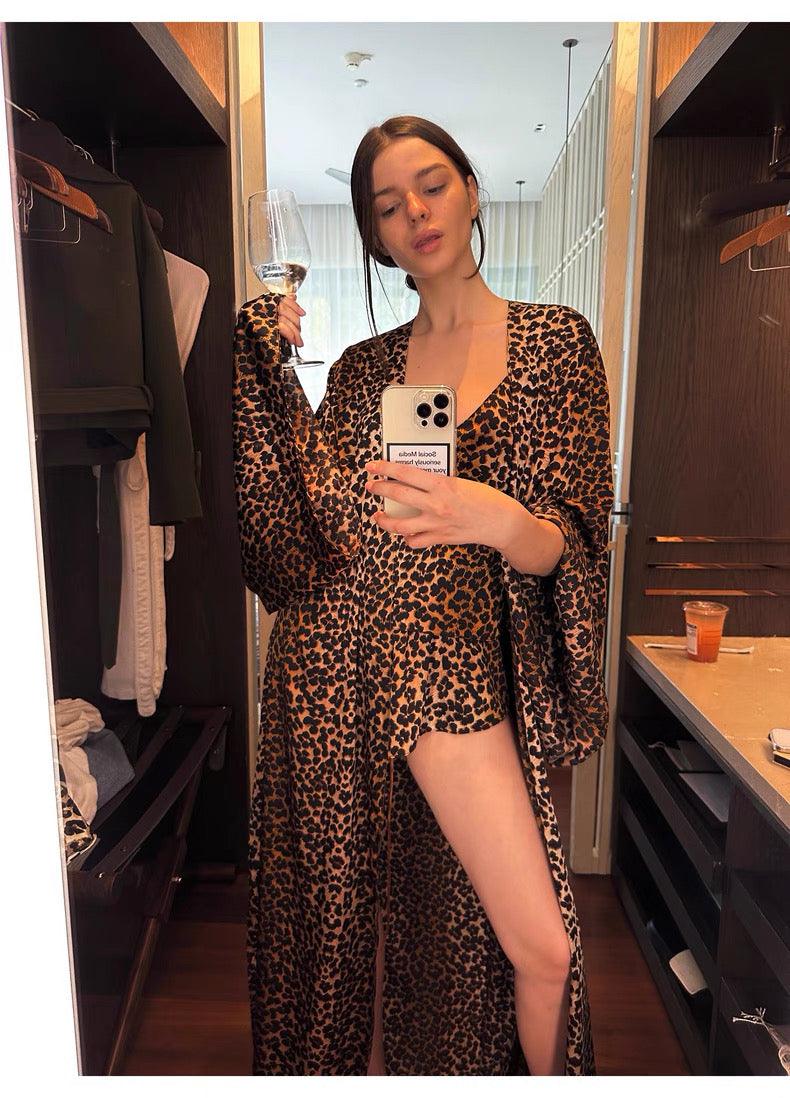 Leopard print long coat sexy pajama set