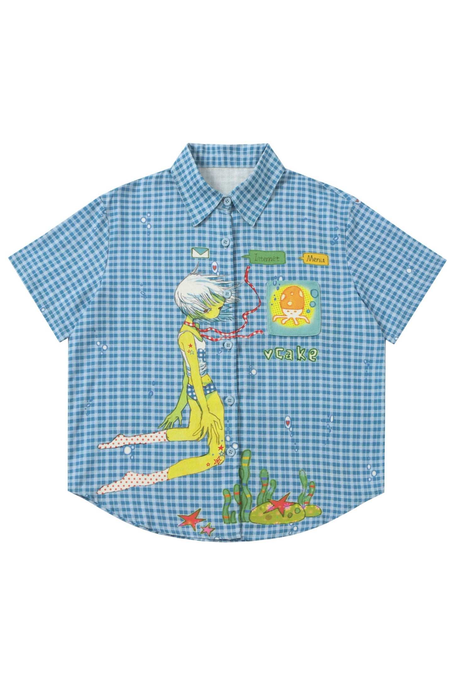 Octopus grass blue plaid short-sleeved shirt