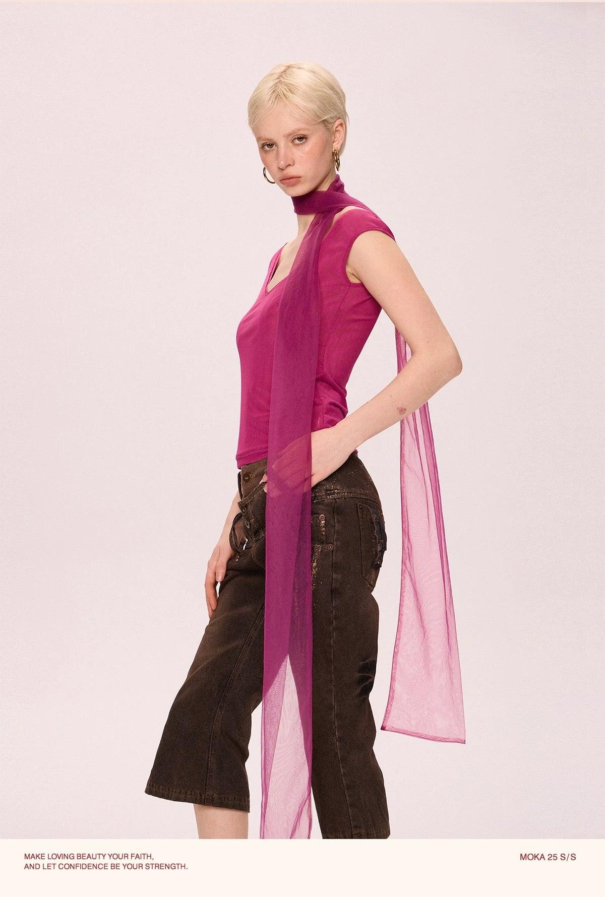 V-neck with scarfs mesh top pink