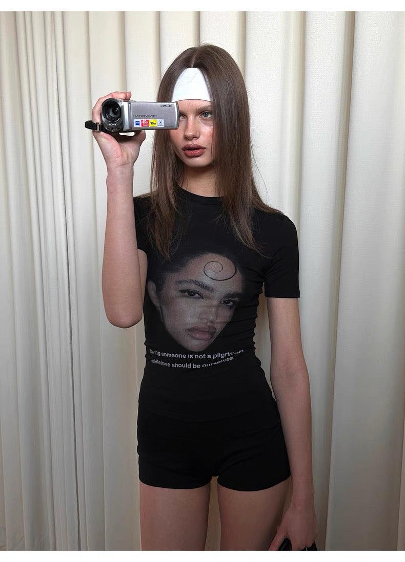 Black Portrait Print T-Shirt