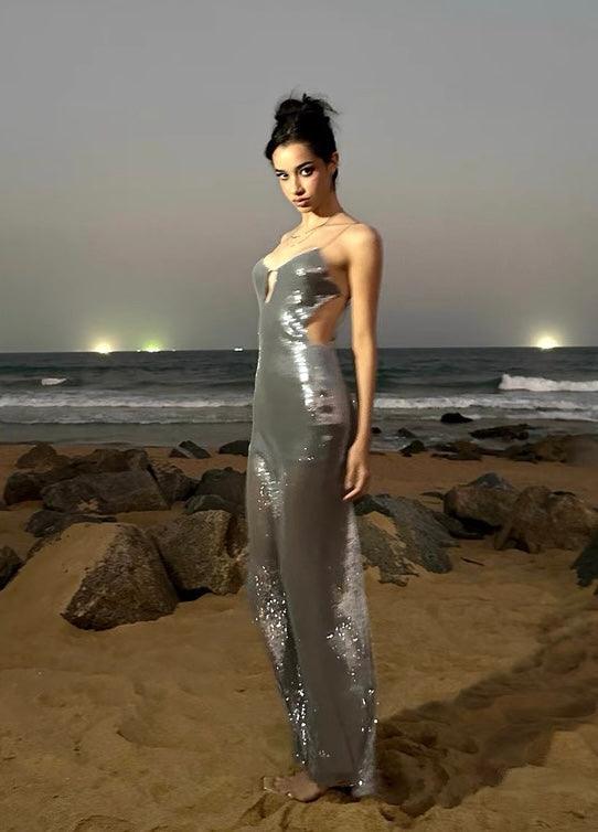 V-neck suspender dress sequined backless