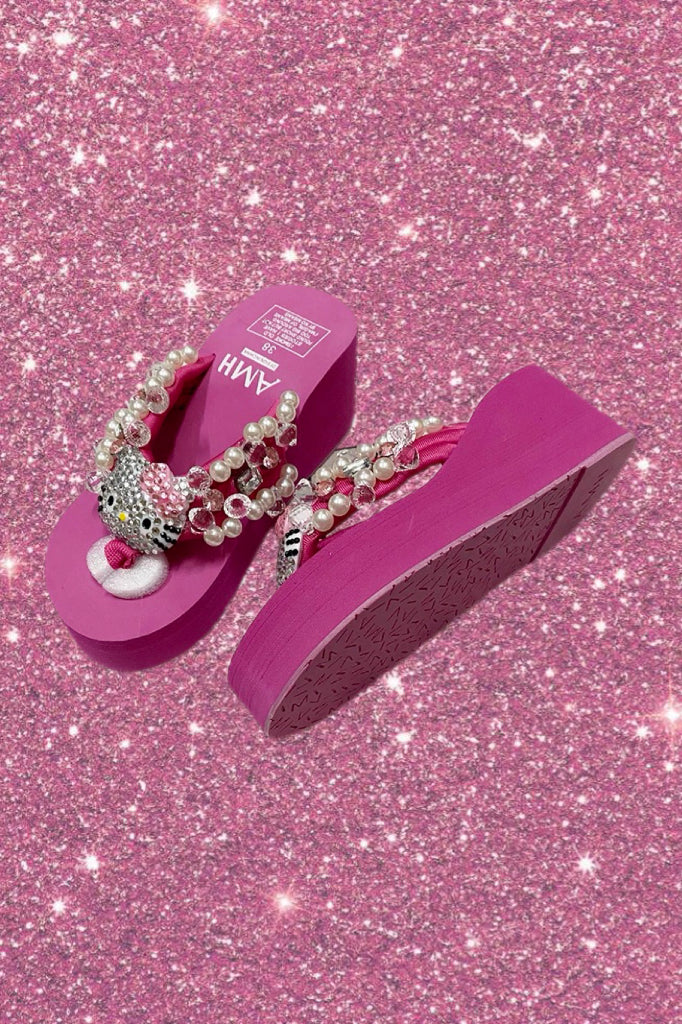 Rose Pink Hello Kitty Rhinestone Platform Slippers