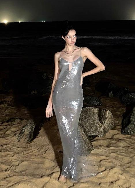 V-neck suspender dress sequined backless