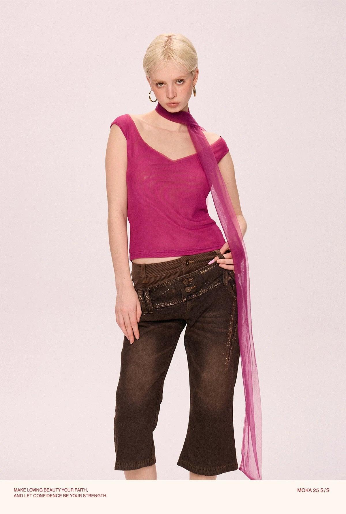V-neck with scarfs mesh top pink