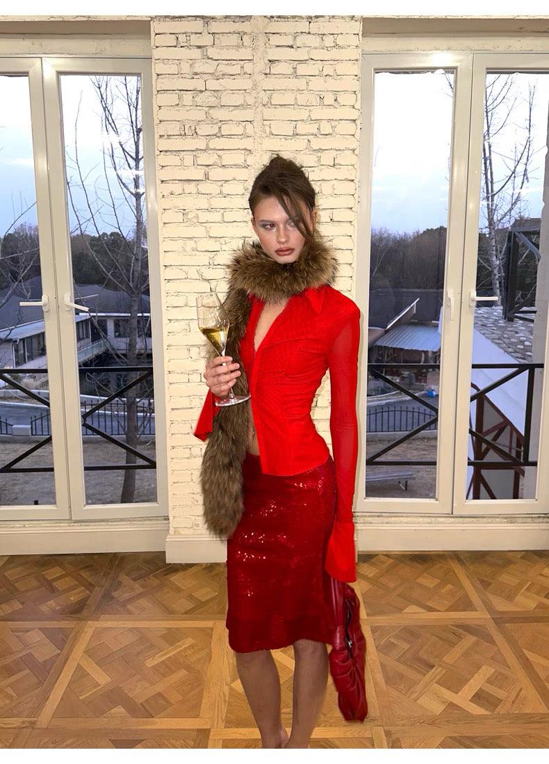 Red Slim Top Sequined Hips Fishtail Skirt Set