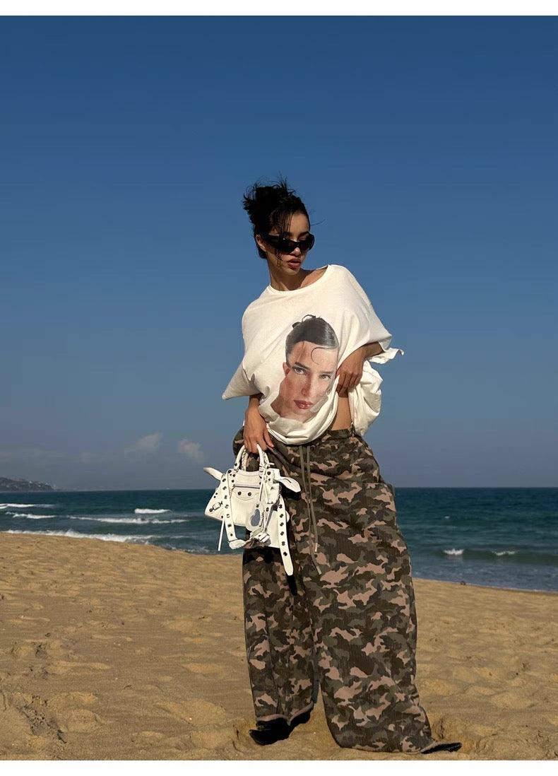 Camouflage print wide-leg pants