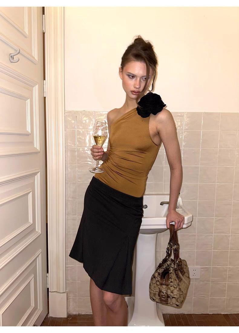 fishtail pleat midi skirt black