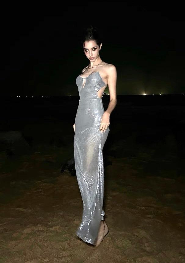 V-neck suspender dress sequined backless