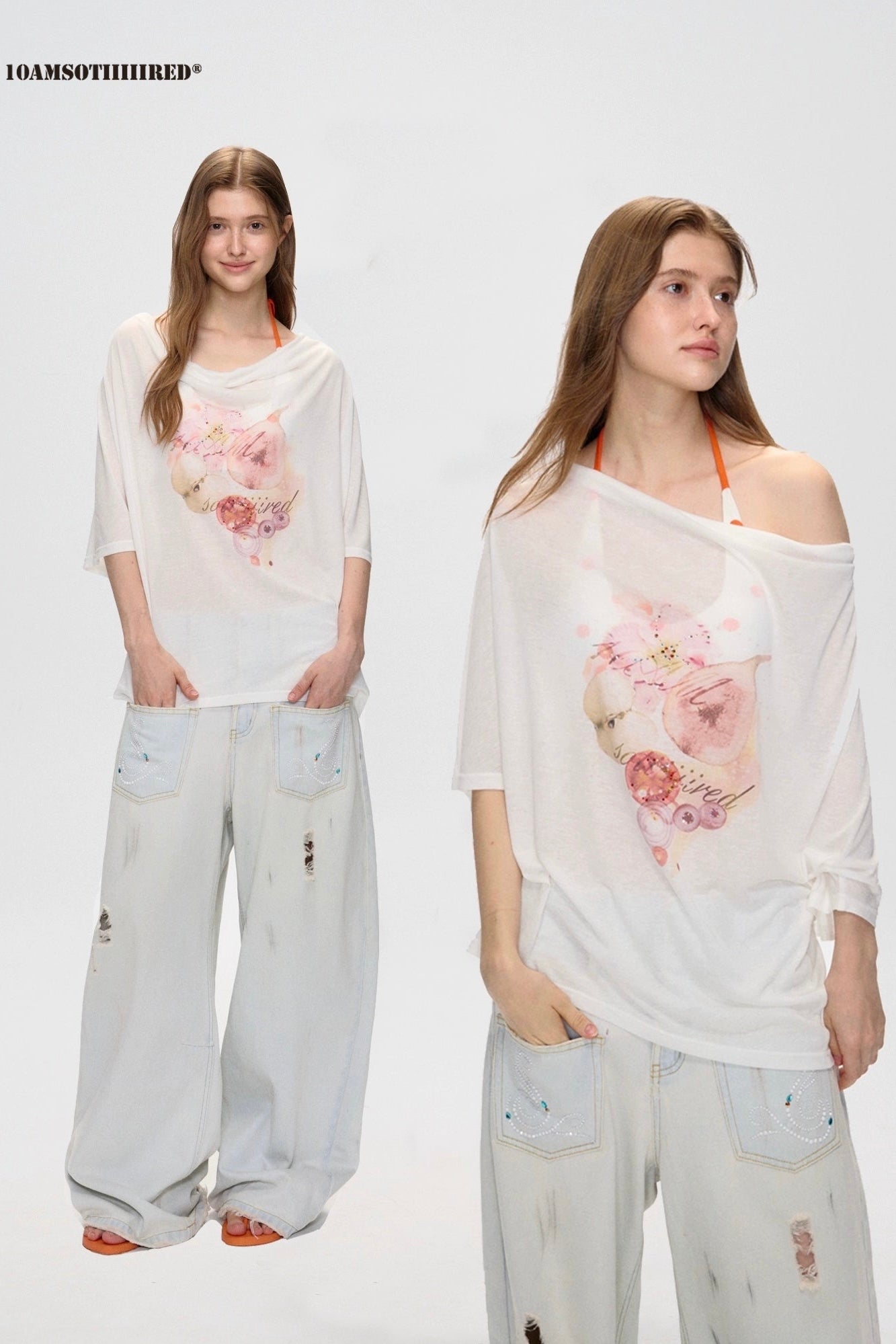 Lyocell Tencel Printed Rhinestone Top - Elbow Sleeve