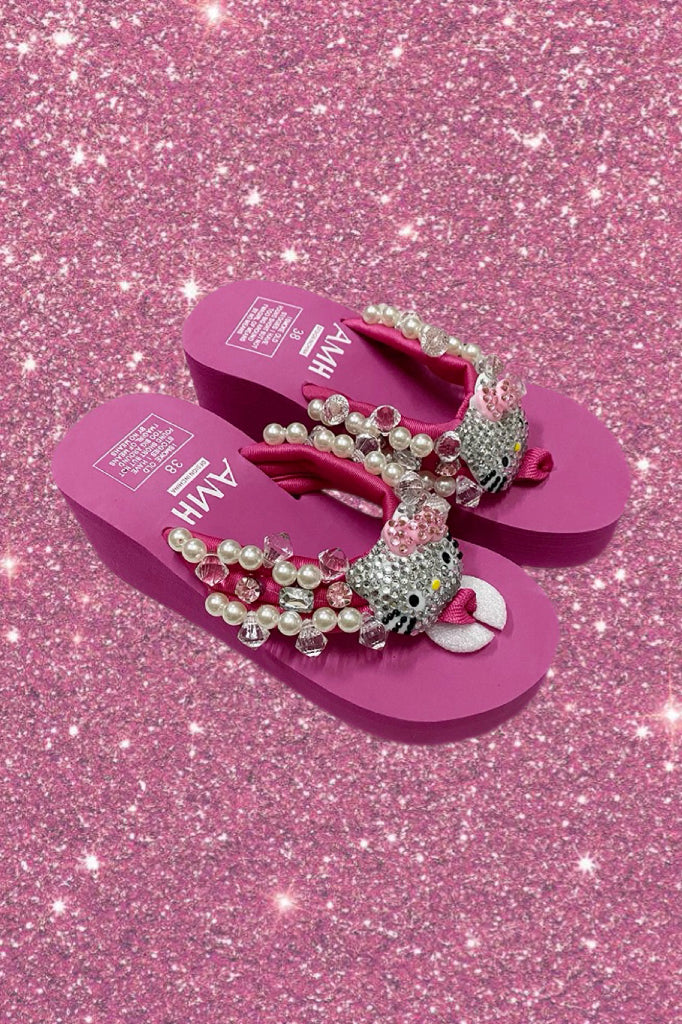 Rose Pink Hello Kitty Rhinestone Platform Slippers