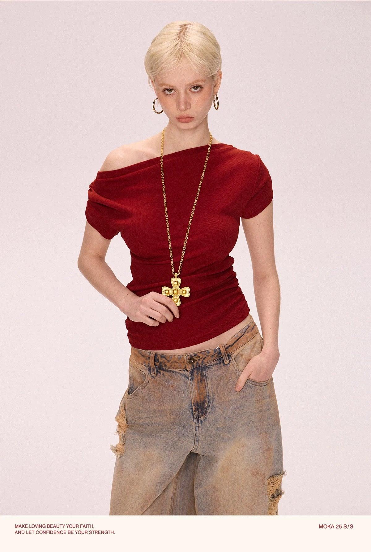 one shoulder top red