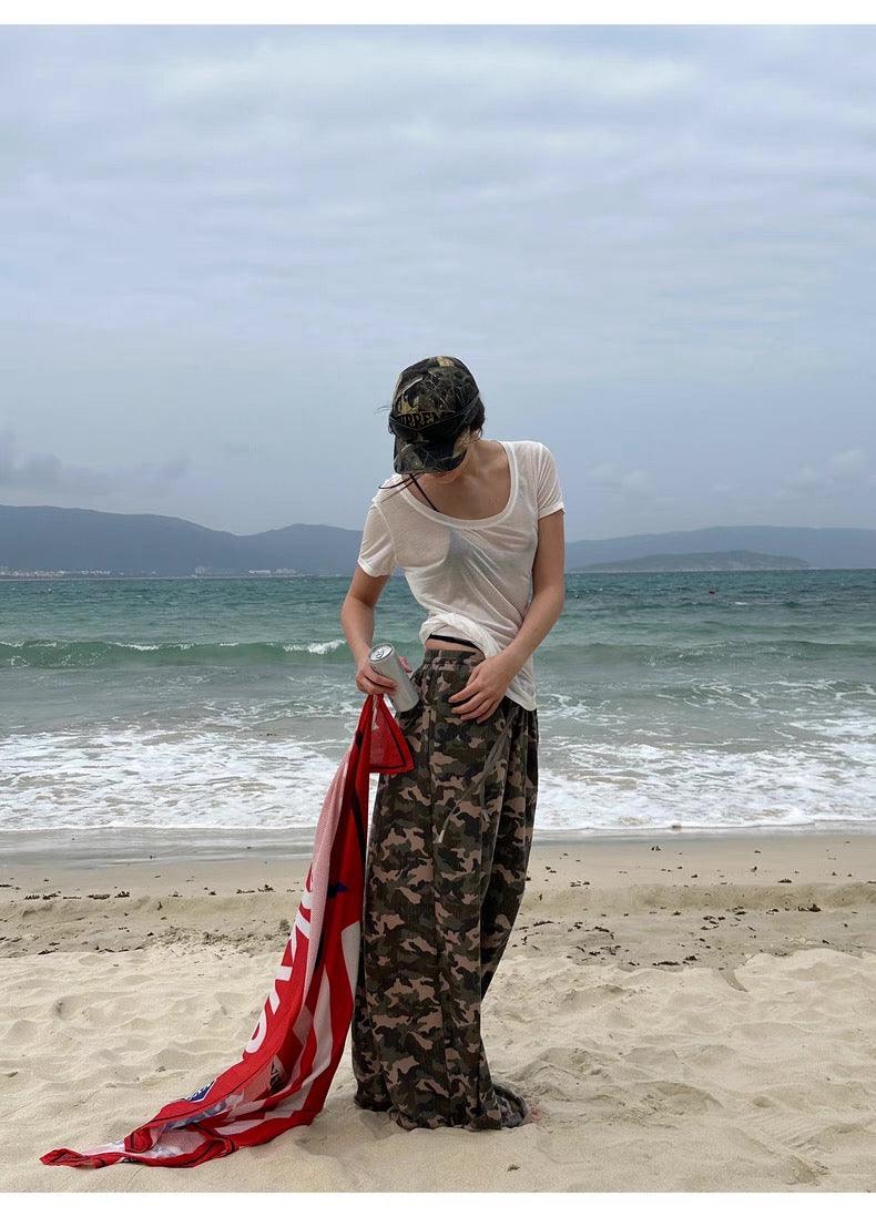 Camouflage print wide-leg pants