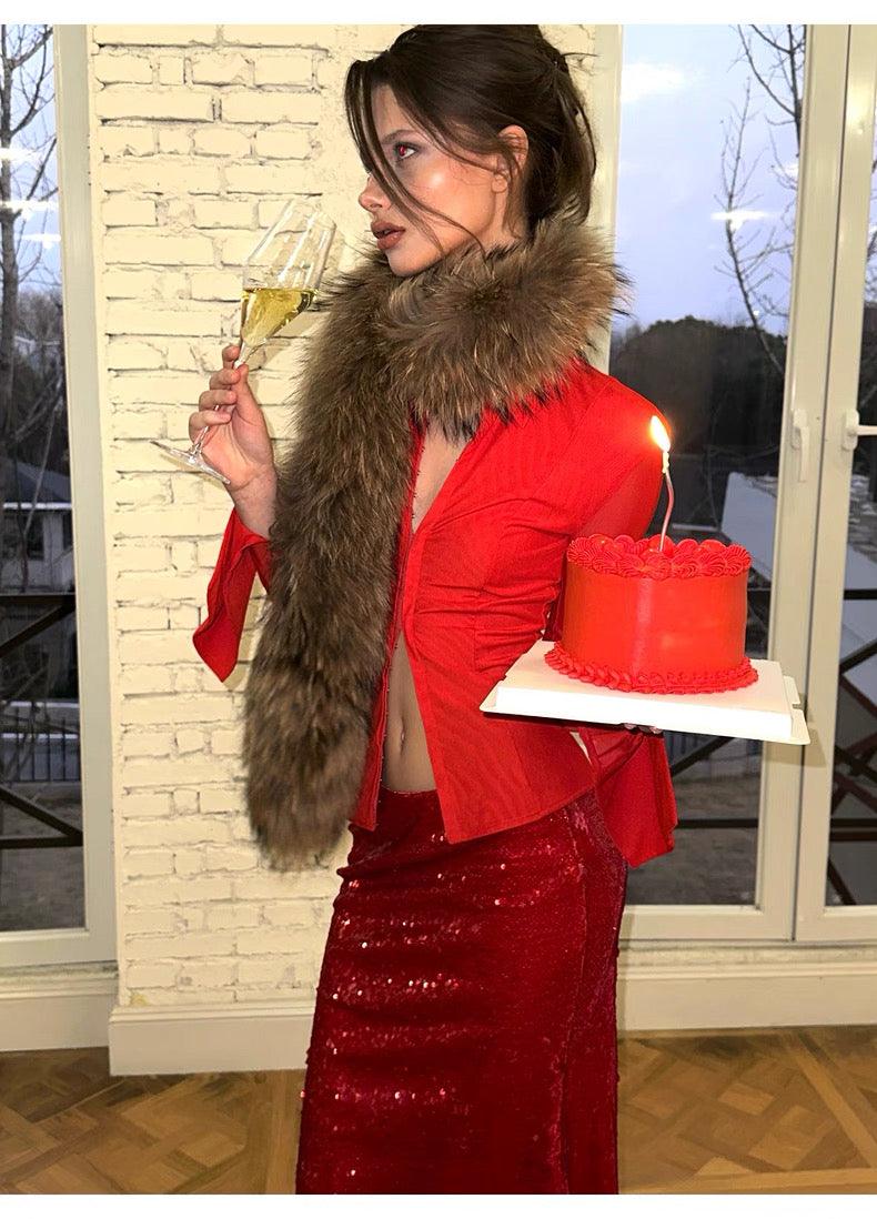 Red Slim Top Sequined Hips Fishtail Skirt Set