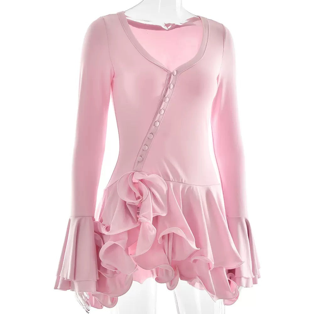Flower edge long sleeve mini dress