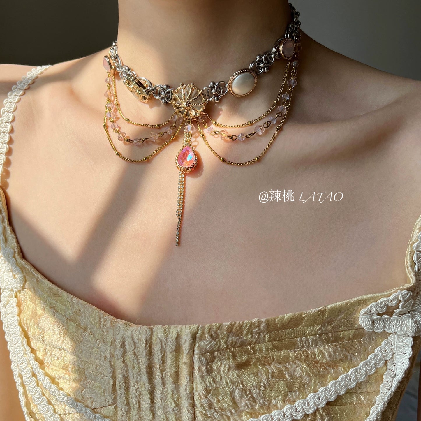 Mermaid Tears "Retro Pink Purple Heavy Industry Tassel Water Drop Titanium Steel Button Choker Necklace