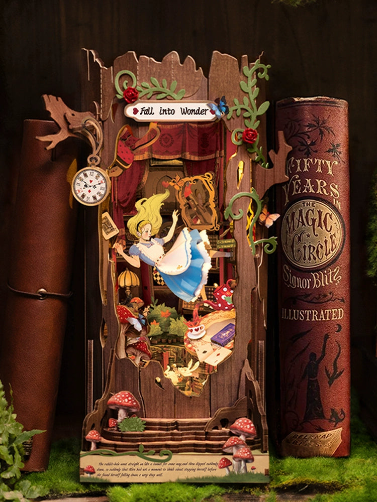 Alice falls into Wonderland, book stands, DIY hut assembles handmade building blocks
