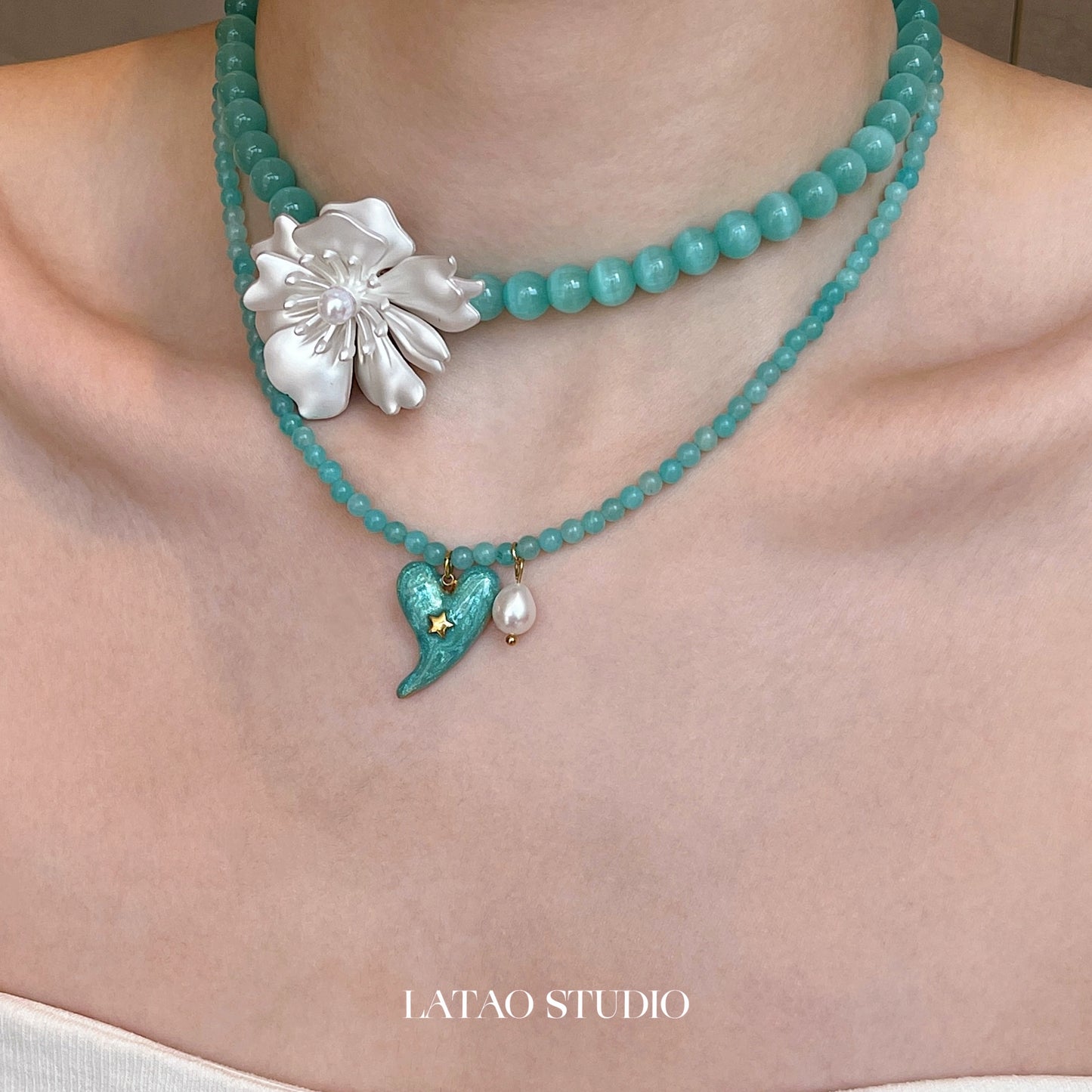 Xiaoqing Flower Love Pearl Cat Eye Tianhe Stone Bead Necklace
