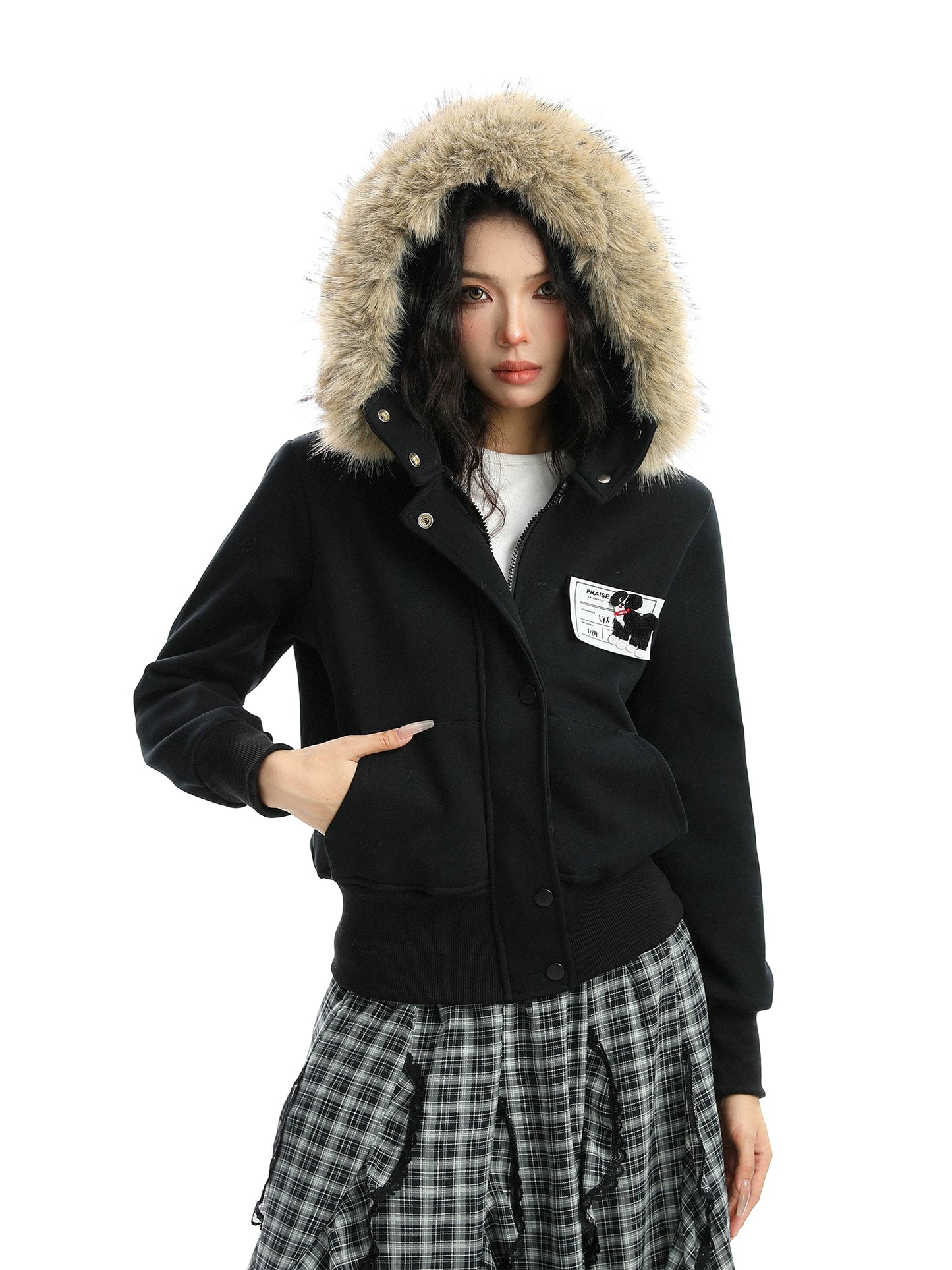 fur collar camouflage hooded jacket
