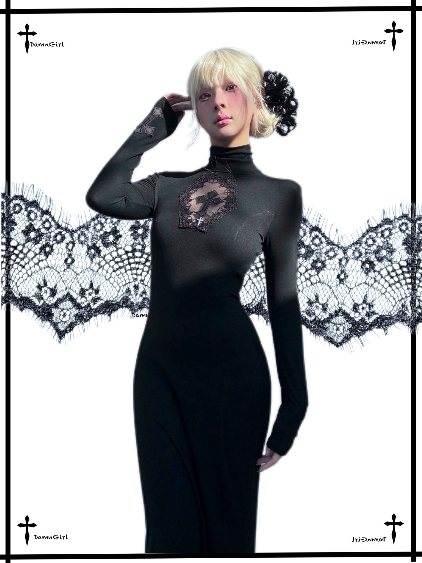 Dark cross fish tail long skirt Gothic mesh hollow dress