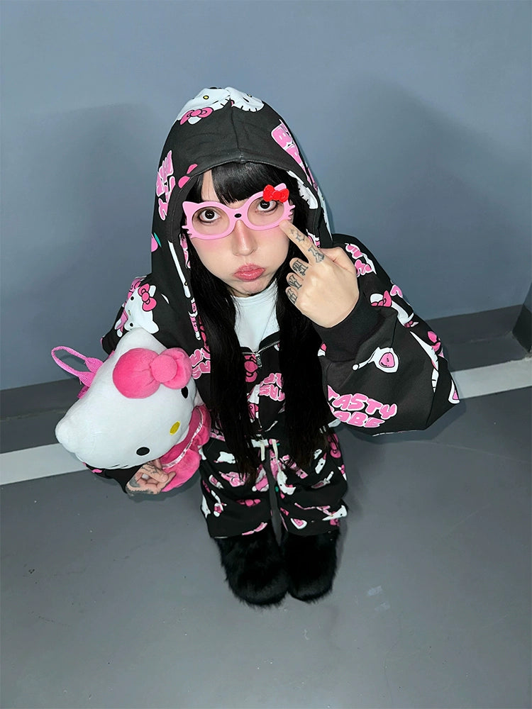 Kitty full print black/pink loose sweater set