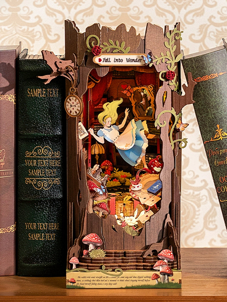 Alice falls into Wonderland, book stands, DIY hut assembles handmade building blocks