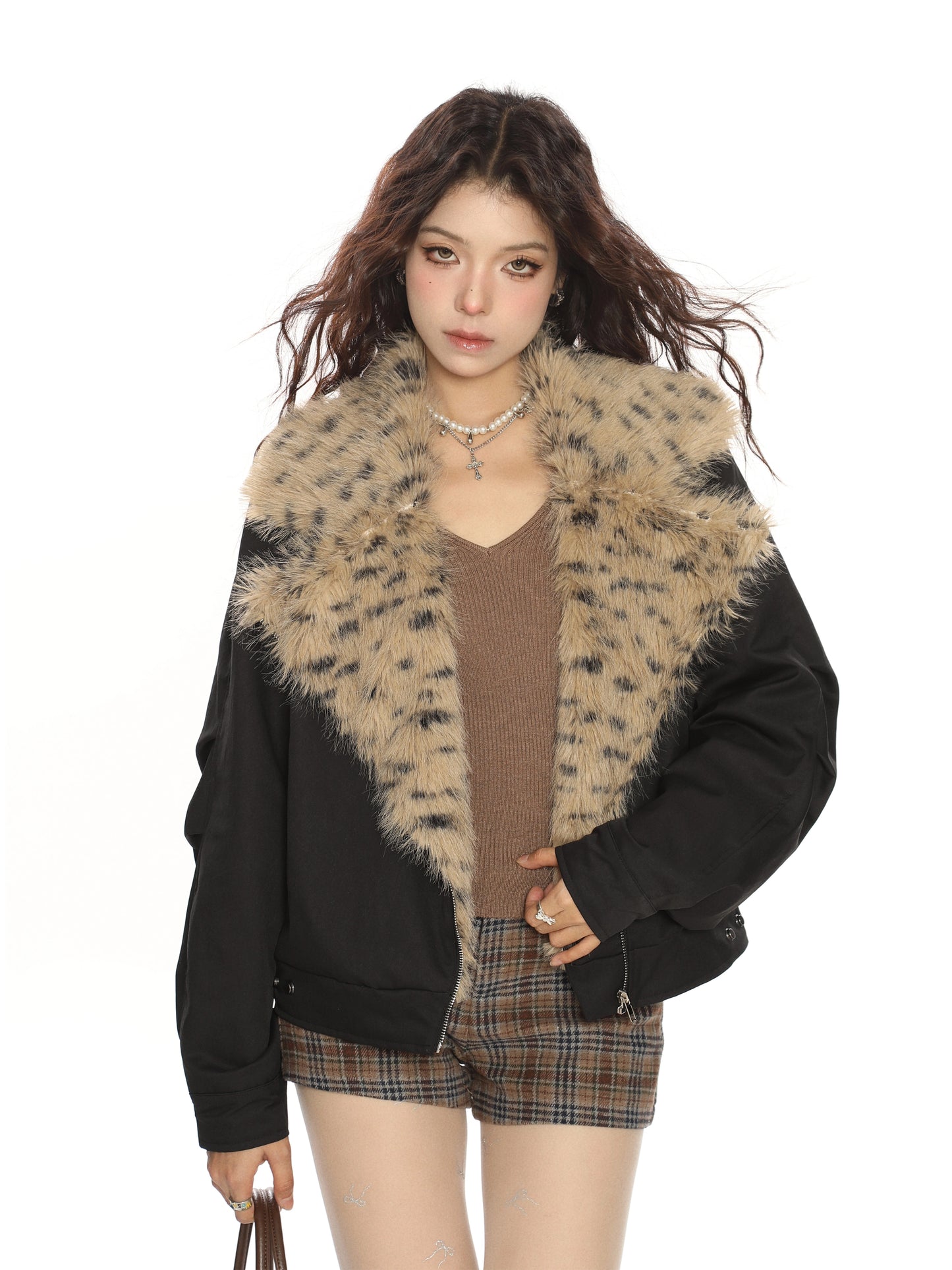 Leopard print fur collar patchwork lapel cotton jacket