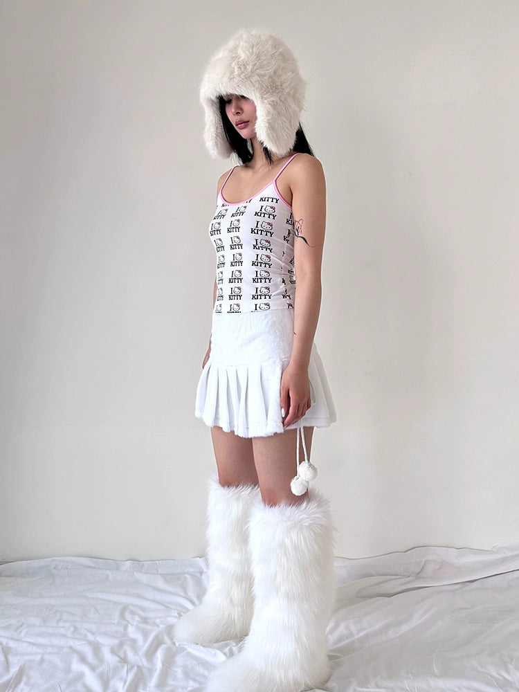 faux fur kitty white plush mini Skirt