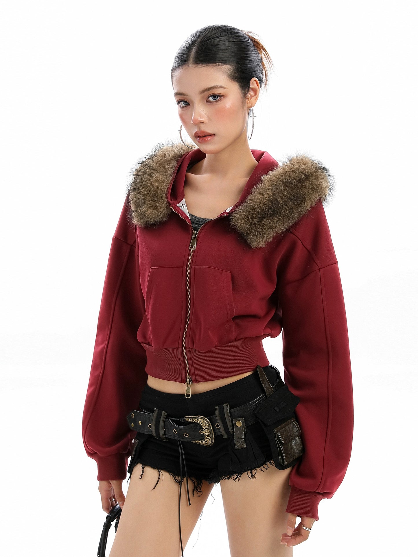 Detachable fur collar hooded short hoodie