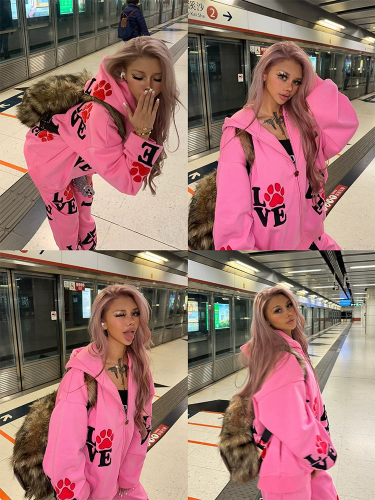 LOVE Patch Embroidered Fleece Hooded Sweater Set