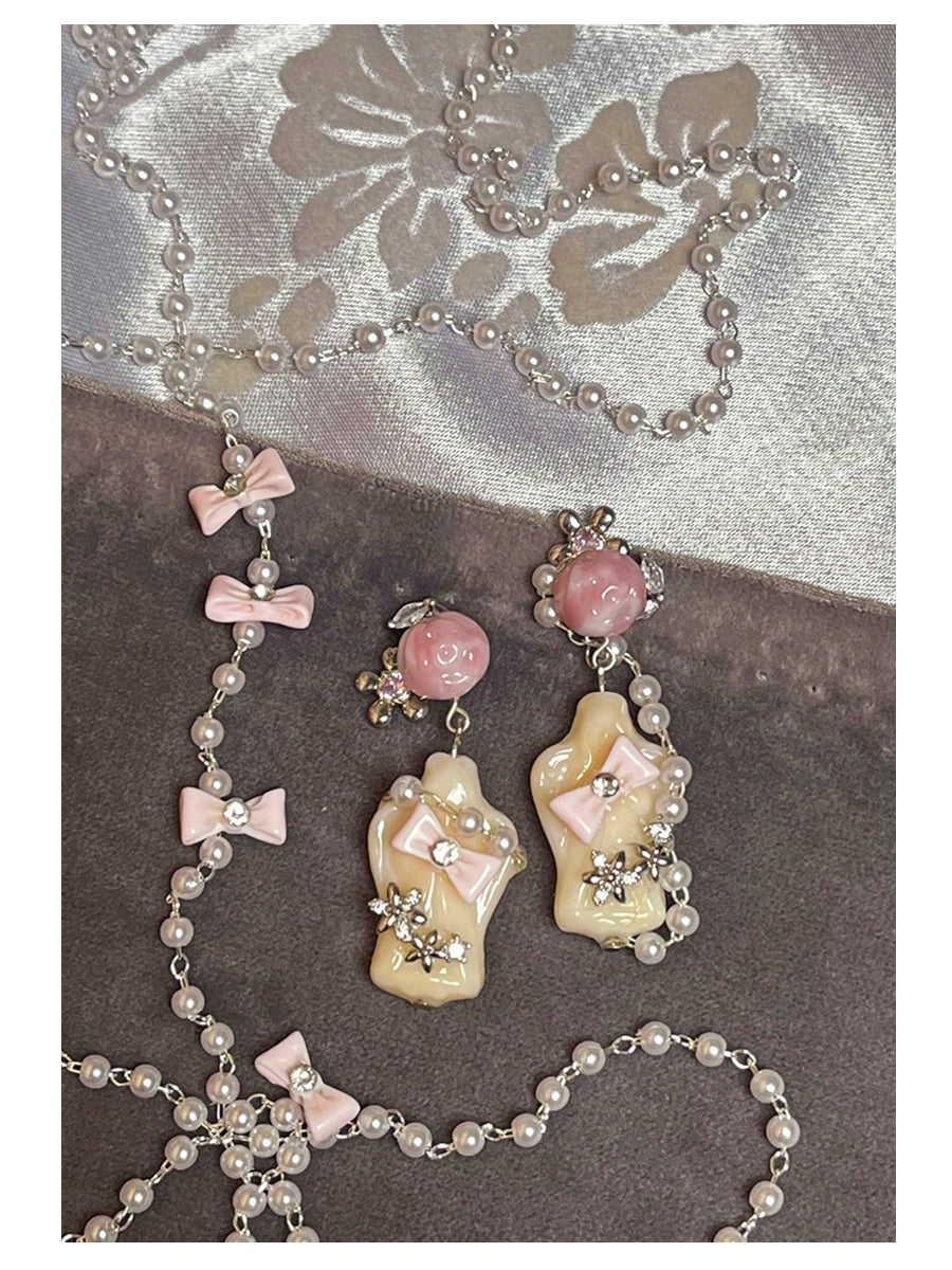 ~* Pearl wrapped angel statue *~Fashionable Barbie angel pink rose antique earrings