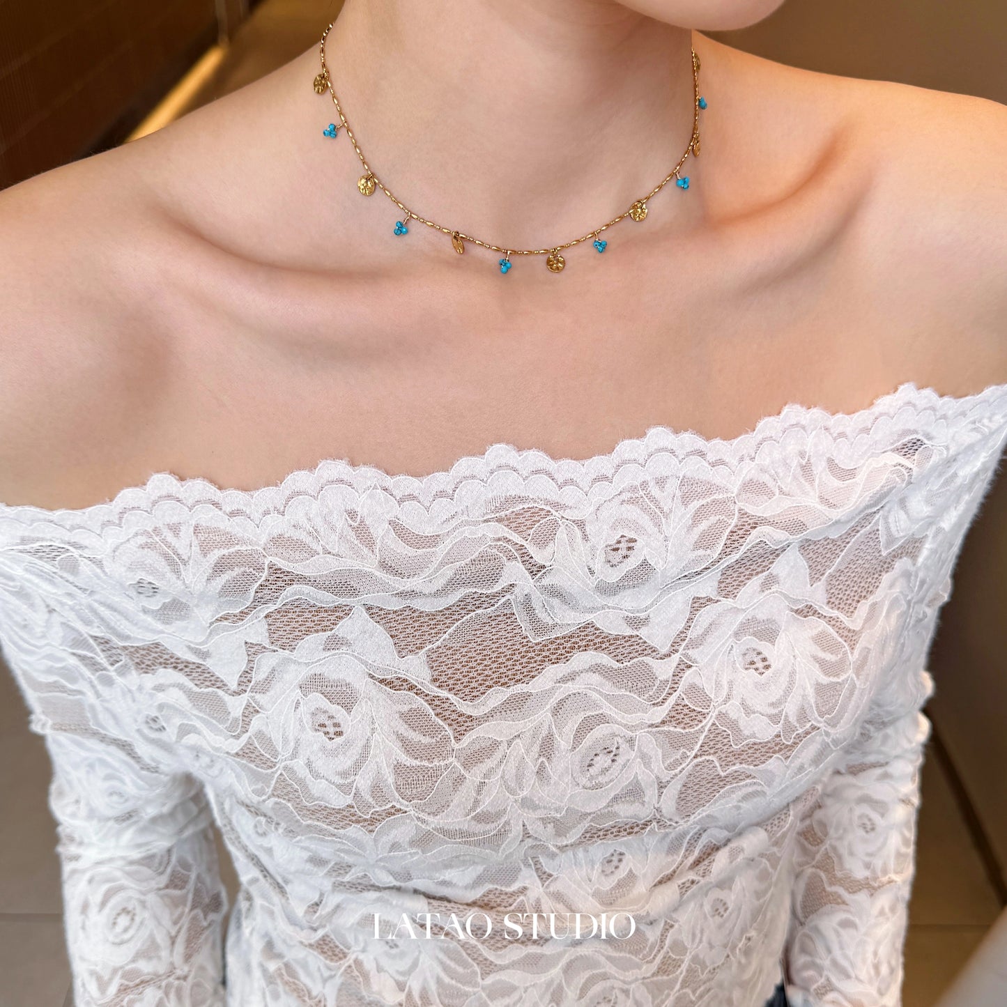 Bluebell Flower "Blue Gold Turquoise Vintage Necklace