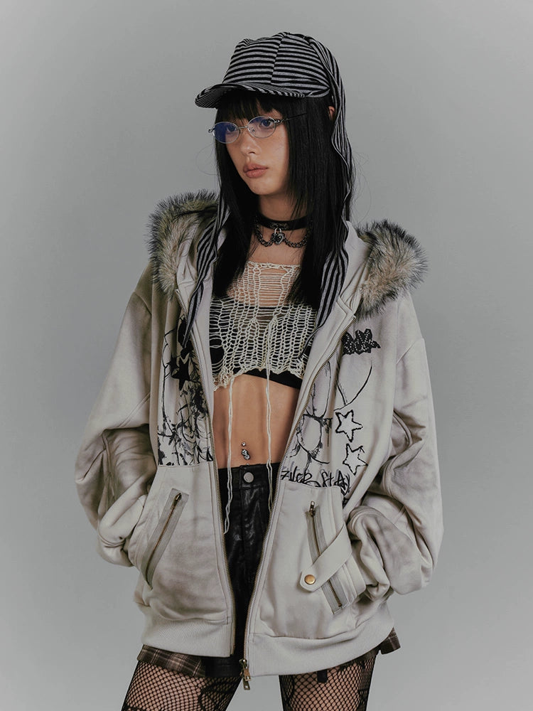 Rabbit ear hooded jacket, grey cotton coat
