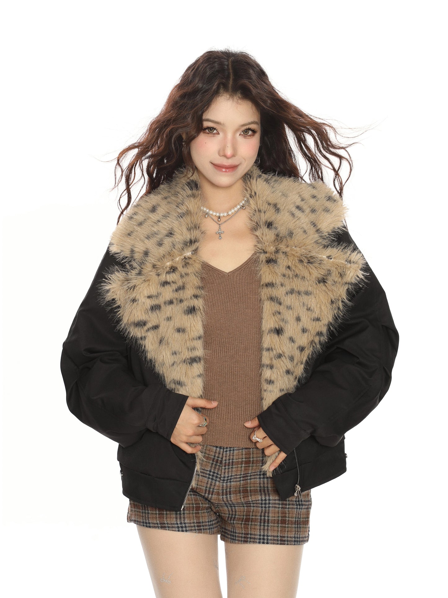 Leopard print fur collar patchwork lapel cotton jacket