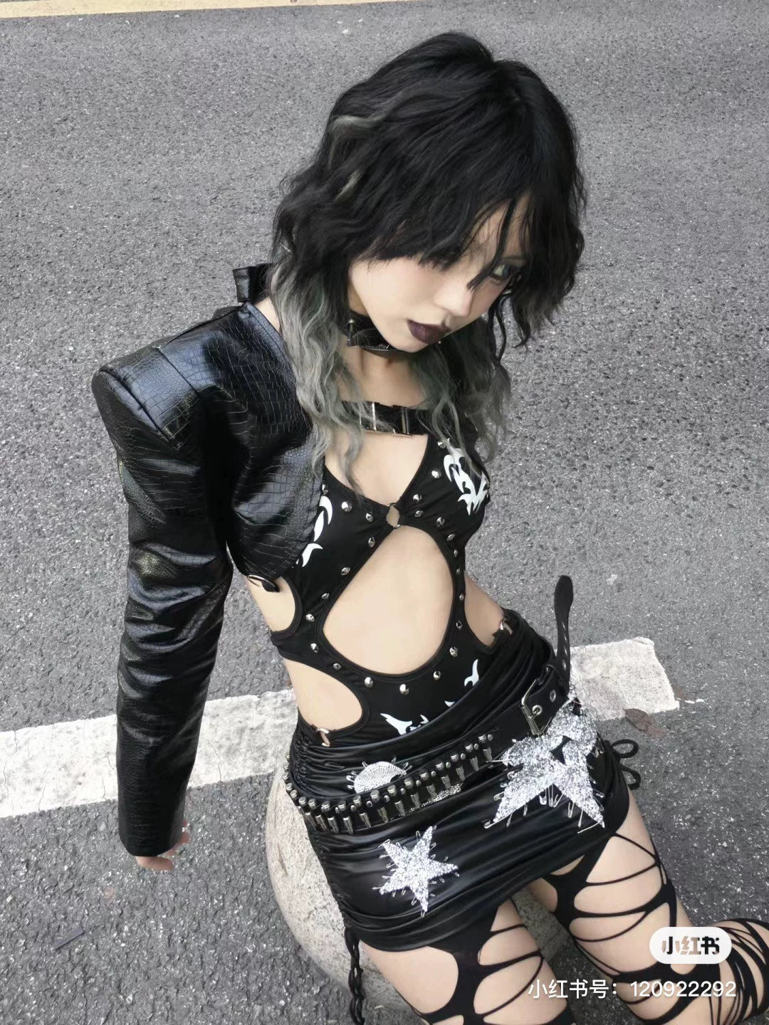 Interstellar Ballet Sparkling Rivet Decorative PU Leather Skirt jumpsuit