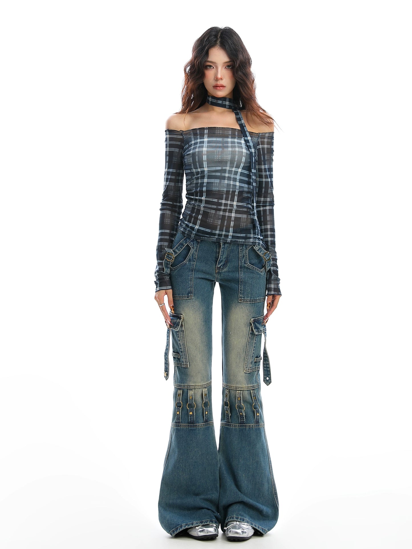 Retro plaid one shoulder long sleeved T-shirt