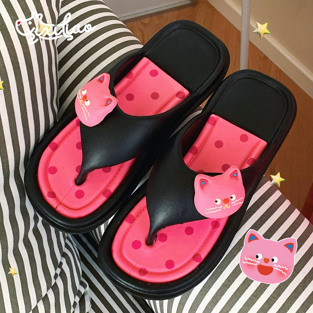 Hawaiian black skin kitty cat flip flops