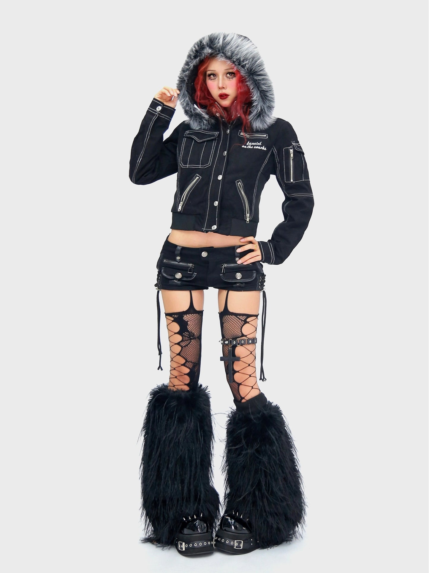 Crow feather prohibited embroidered fur collar detachable jacket