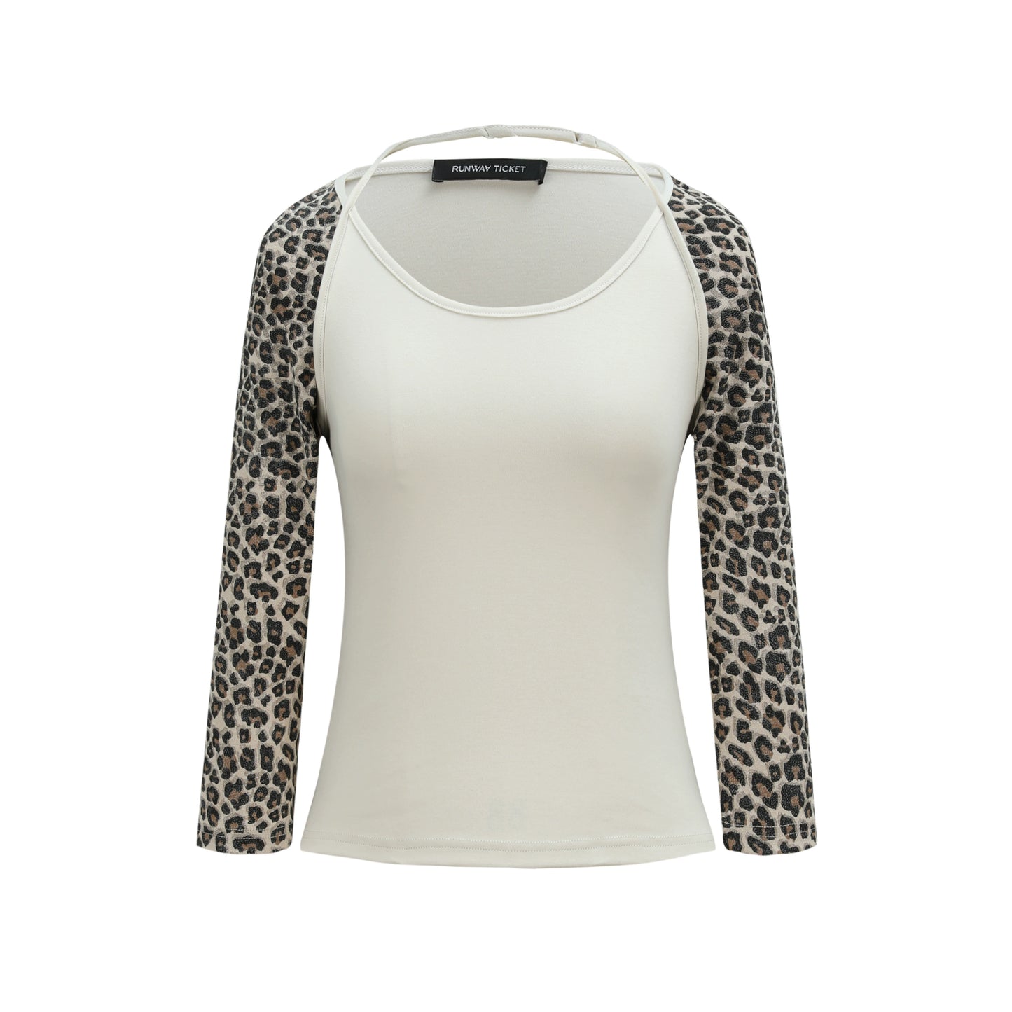 contrasting leopard print mid sleeve T-shirt