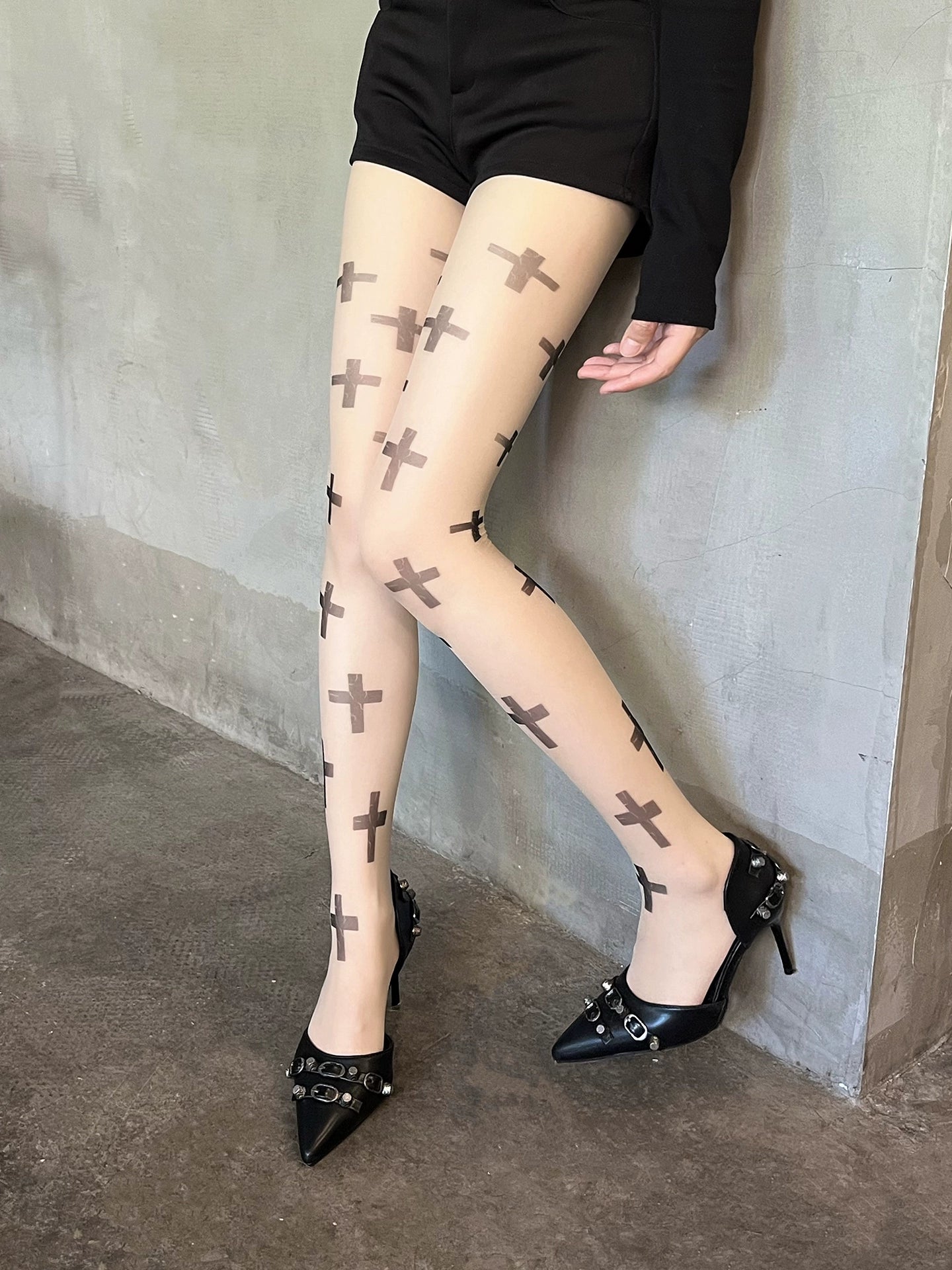 Minimalist Cross Print Sheer Tights