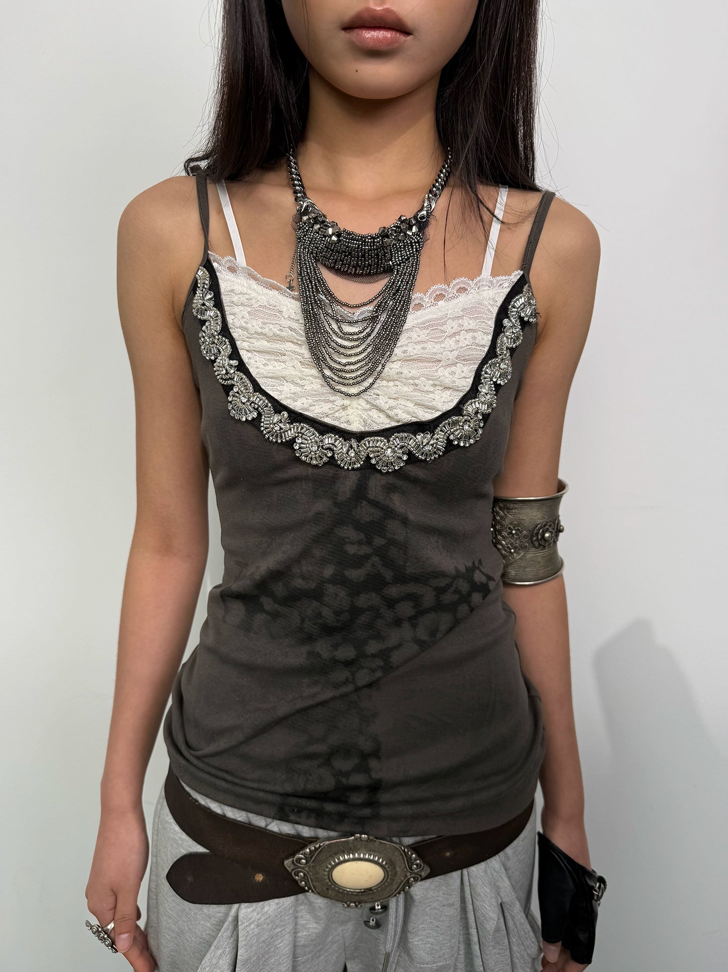 Fake two lace knitted rhinestone cross printed cami