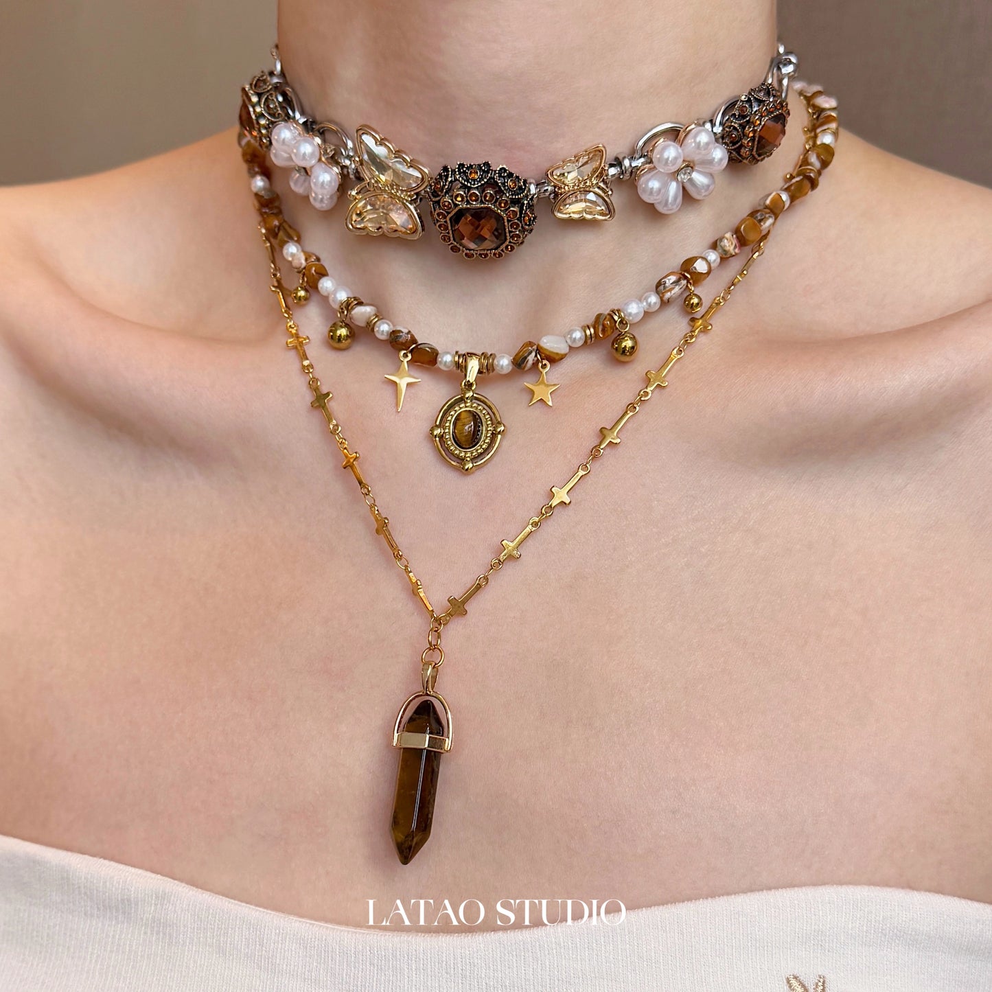 Late Autumn Brown Tiger Eye Flower Pearl Vintage Beaded Necklace