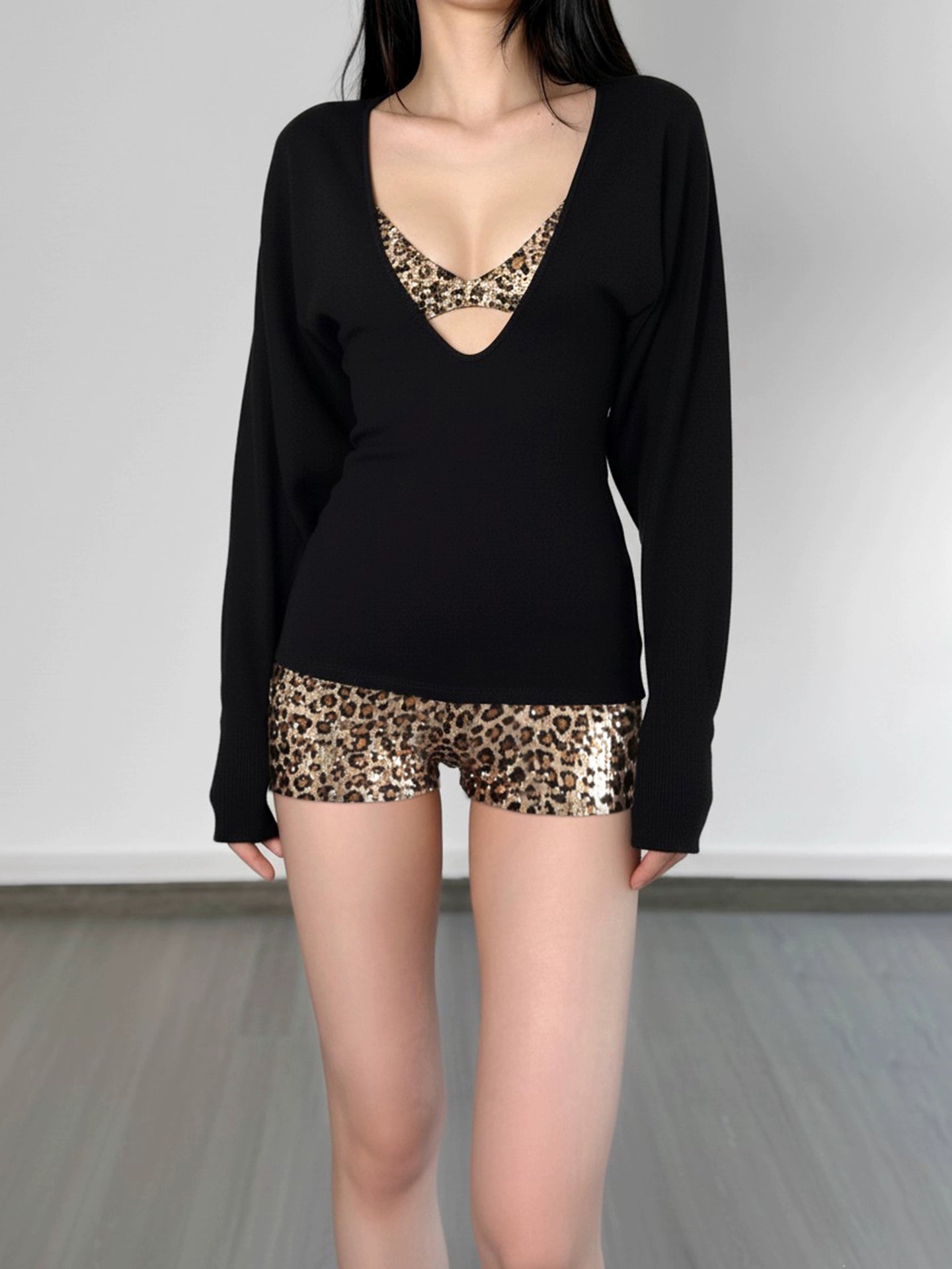 Color blocking casual suit women's leopard print sequined bikini two-piece set+V-neck T-shirt