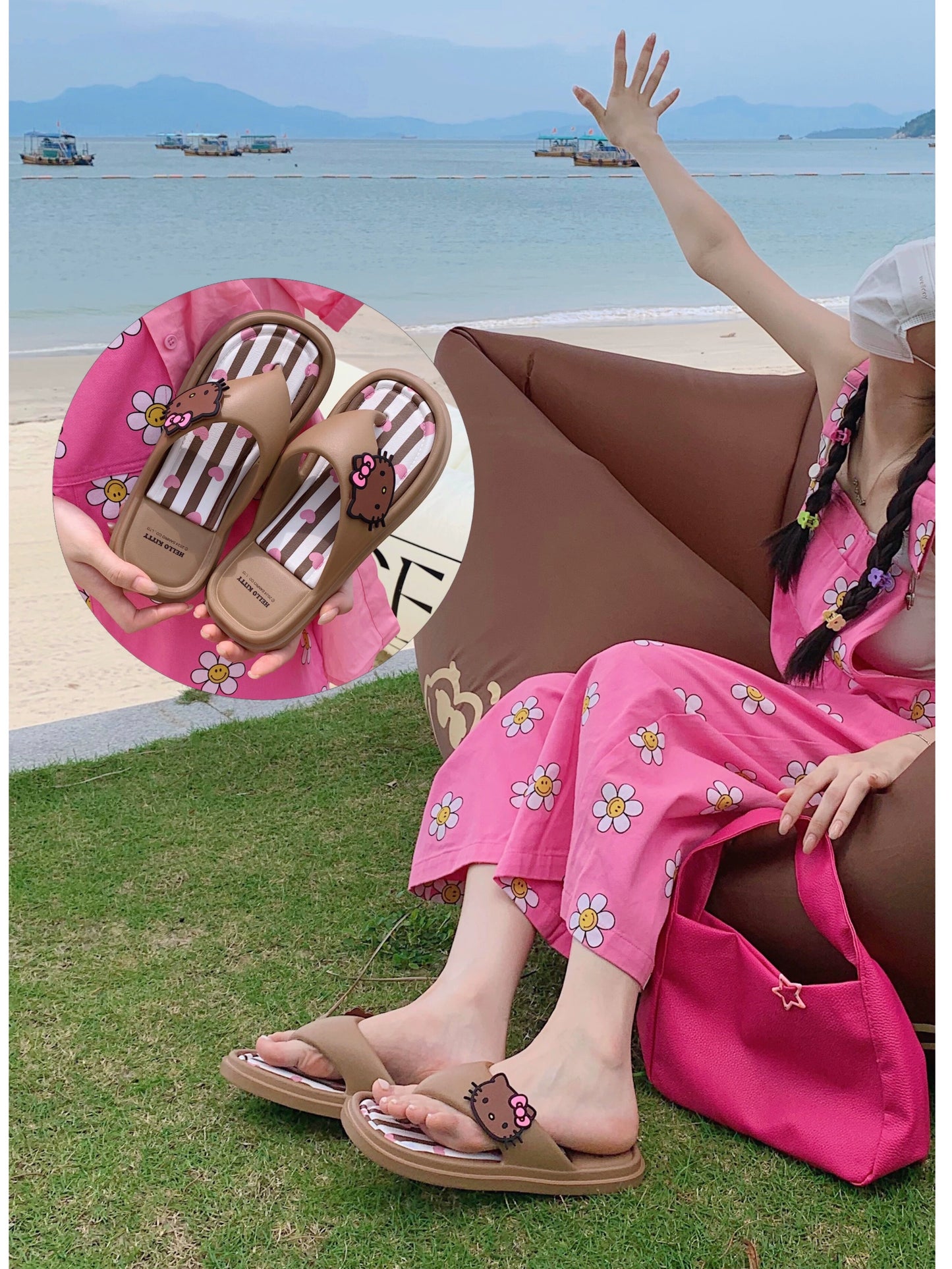 Hawaiian black skin kitty cat flip flops